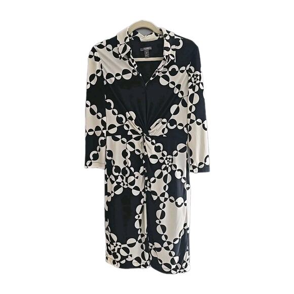Muse Black White Geometric Twisted Front Long Sleeve Shirt Dress Womans Size 10 - Picture 1 of 6